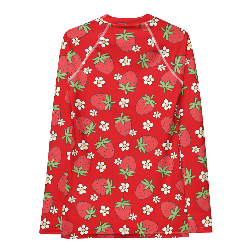 Women's Red Strawberry Long Sleeve Rash Guard Swim Shirt – Buttery Soft, Sun Safe UPF 50+ Protection, Quick Dry & 4-Way Stretch Comfort