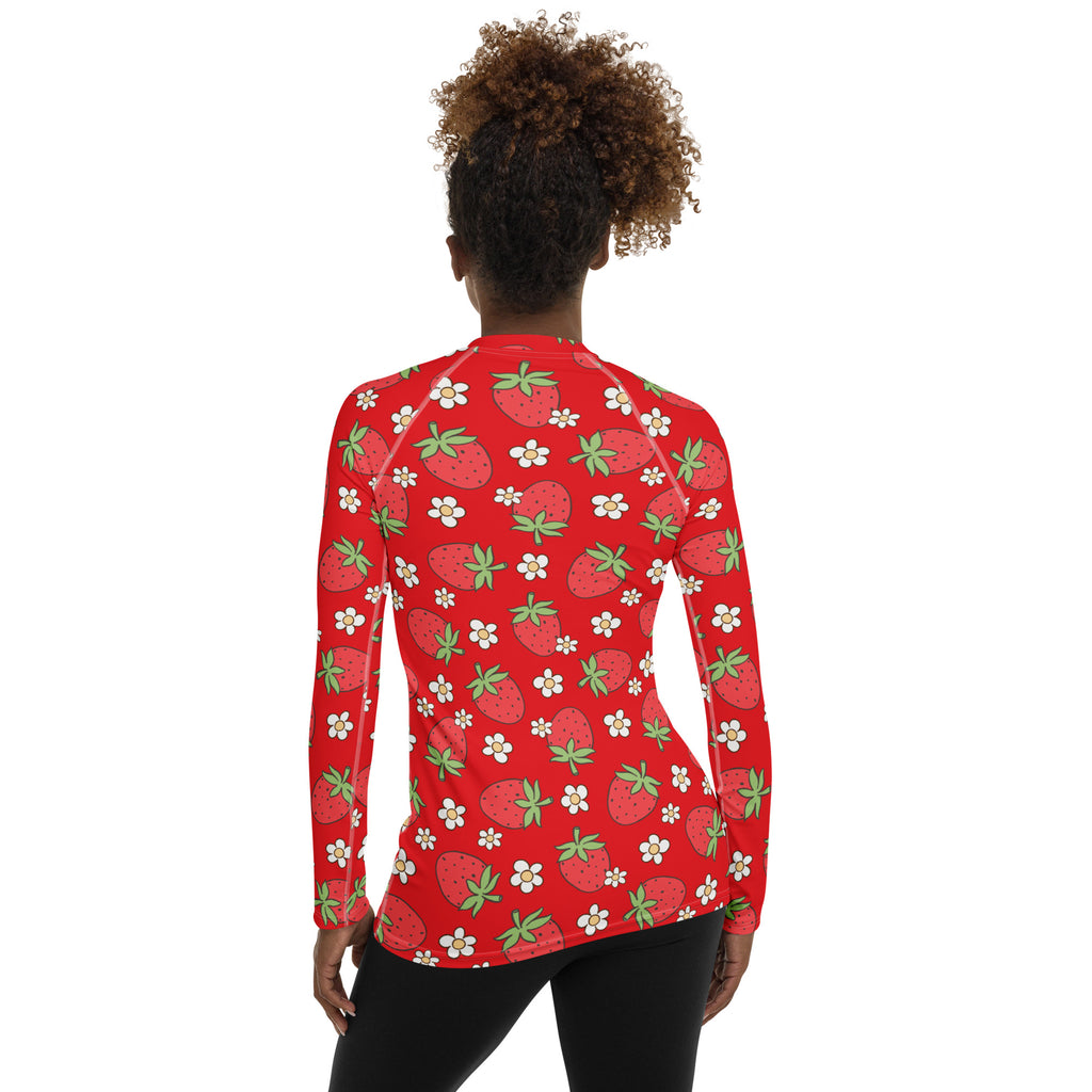 Women's Red Strawberry Long Sleeve Rash Guard Swim Shirt – Buttery Soft, Sun Safe UPF 50+ Protection, Quick Dry & 4-Way Stretch Comfort