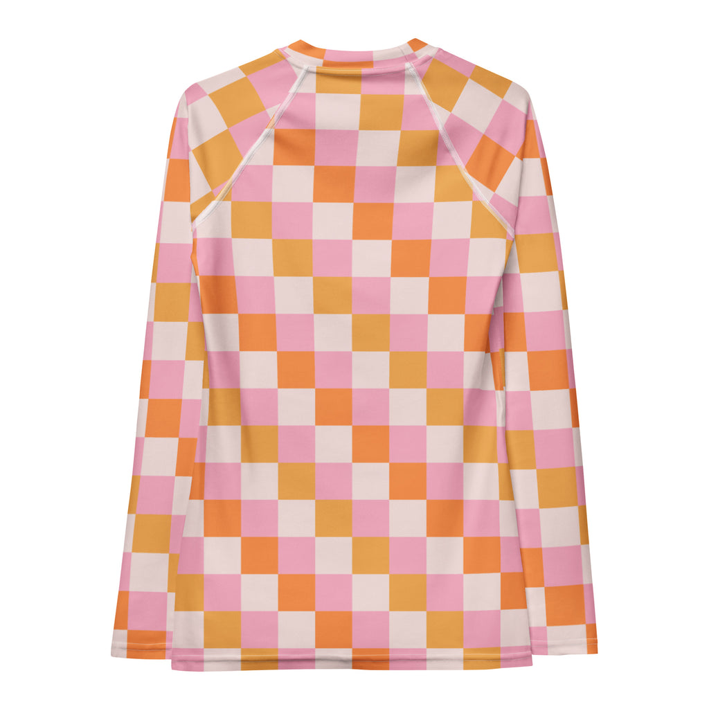 Women's Sunset Checkerboard Long Sleeve Rash Guard Swim Shirt – Buttery Soft, Sun Safe UPF 50+ Protection, Quick Dry & 4-Way Stretch Comfort