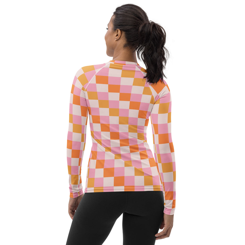 Women's Sunset Checkerboard Long Sleeve Rash Guard Swim Shirt – Buttery Soft, Sun Safe UPF 50+ Protection, Quick Dry & 4-Way Stretch Comfort