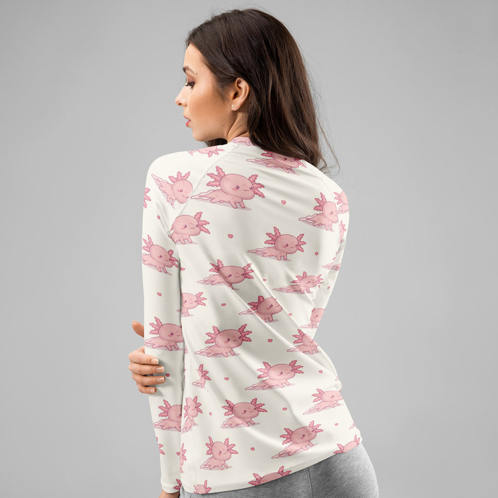 Women's Pink Axolotl Long Sleeve Rash Guard Swim Shirt – Buttery Soft, Sun Safe UPF 50+ Protection, Quick Dry & 4-Way Stretch Comfort