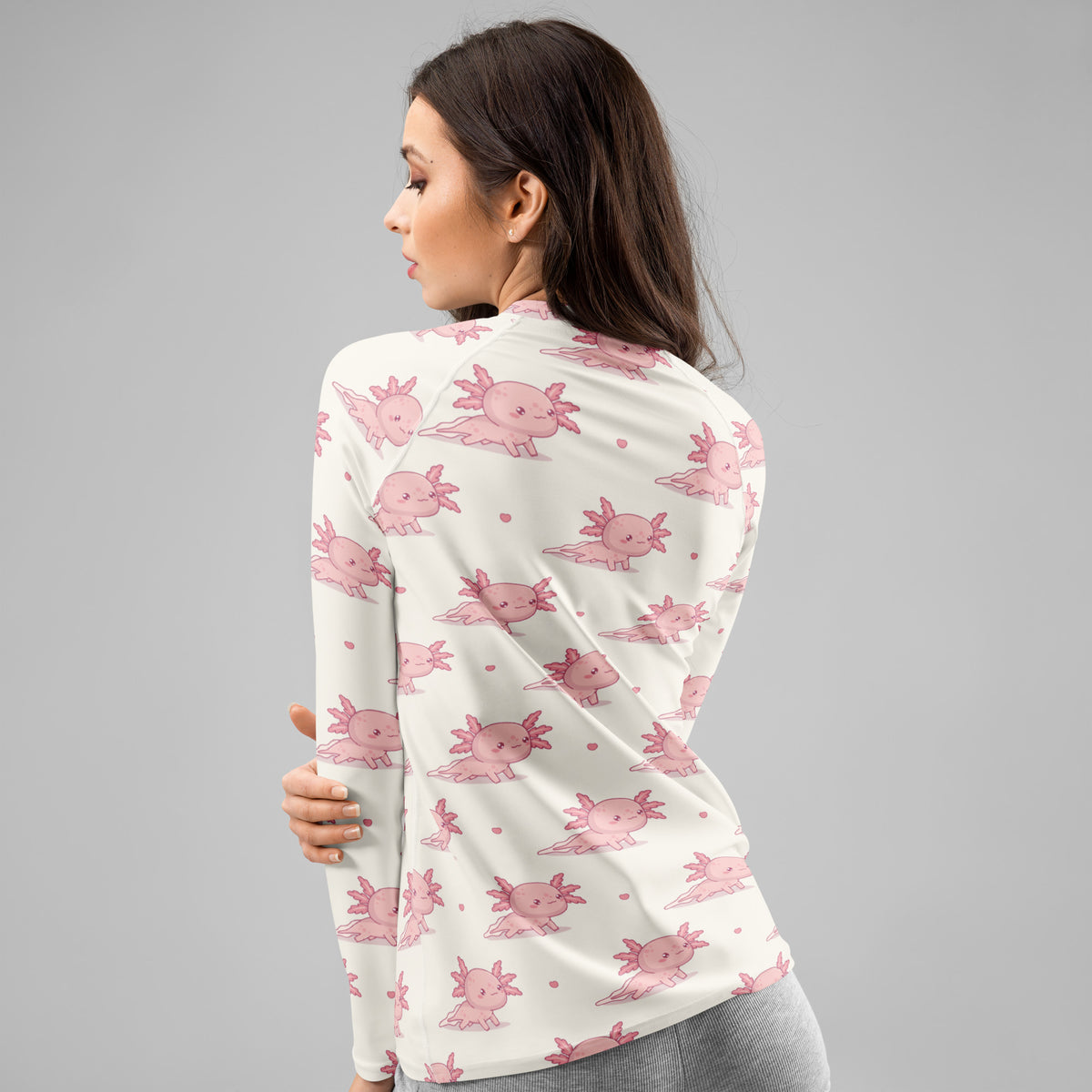 Women's Pink Axolotl Long Sleeve Rash Guard Swim Shirt – Buttery Soft, Sun Safe UPF 50+ Protection, Quick Dry & 4-Way Stretch Comfort