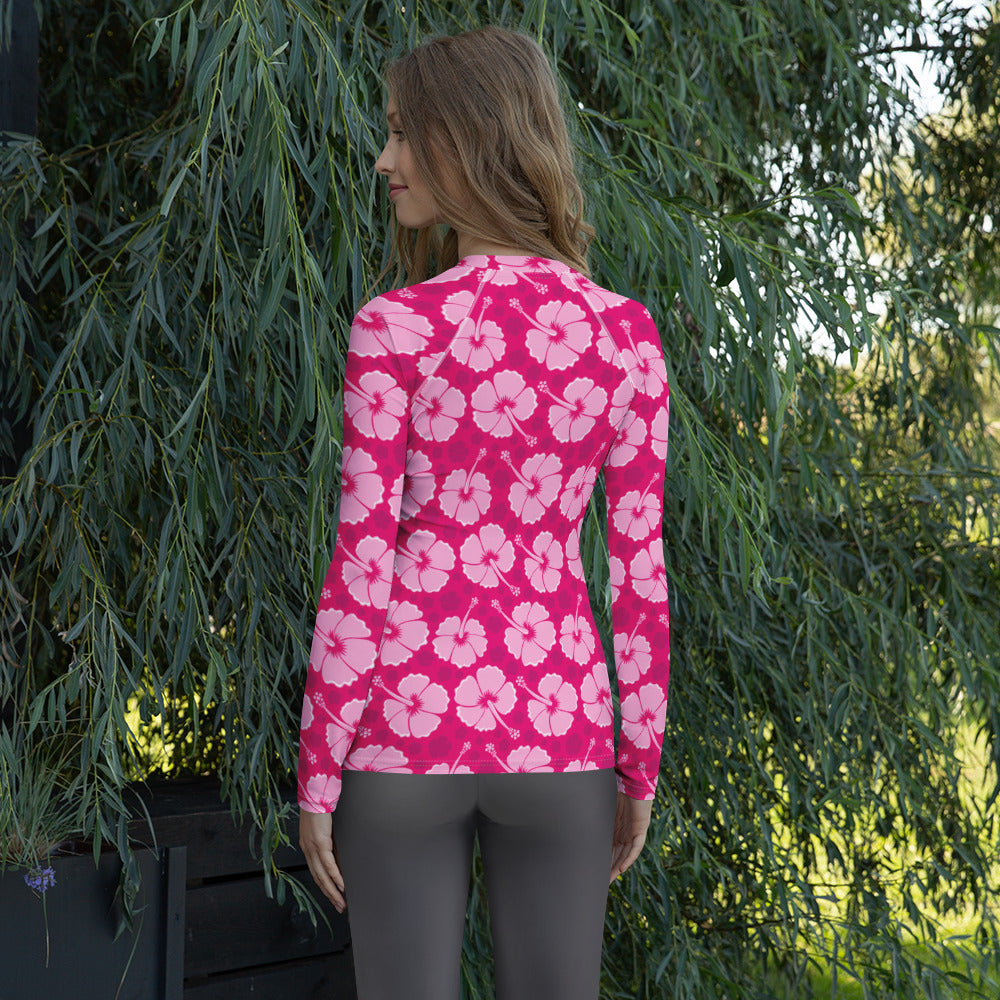 Women's Tropical Pink Hibiscus Long Sleeve Rash Guard Swim Shirt – Buttery Soft, Sun Safe UPF 50+ Protection, Quick Dry & 4-Way Stretch Comfort