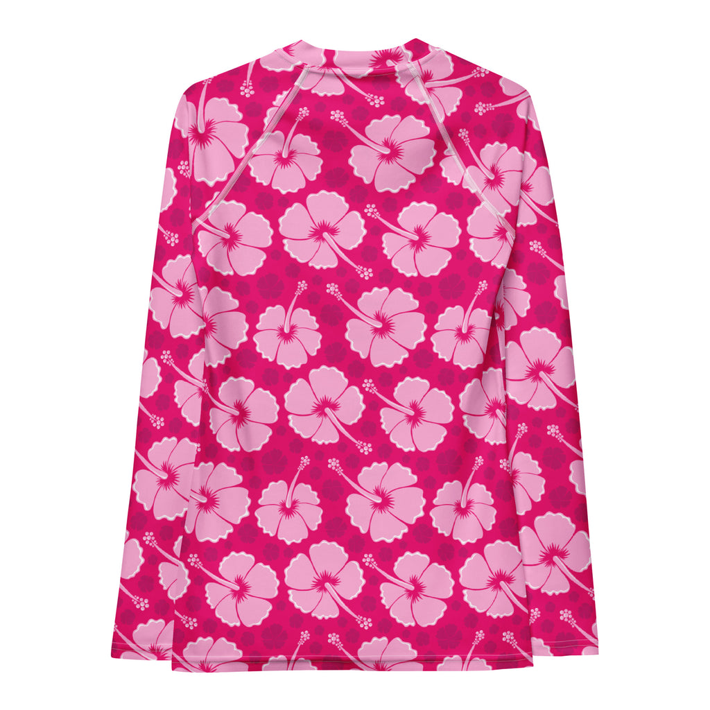 Women's Tropical Pink Hibiscus Long Sleeve Rash Guard Swim Shirt – Buttery Soft, Sun Safe UPF 50+ Protection, Quick Dry & 4-Way Stretch Comfort