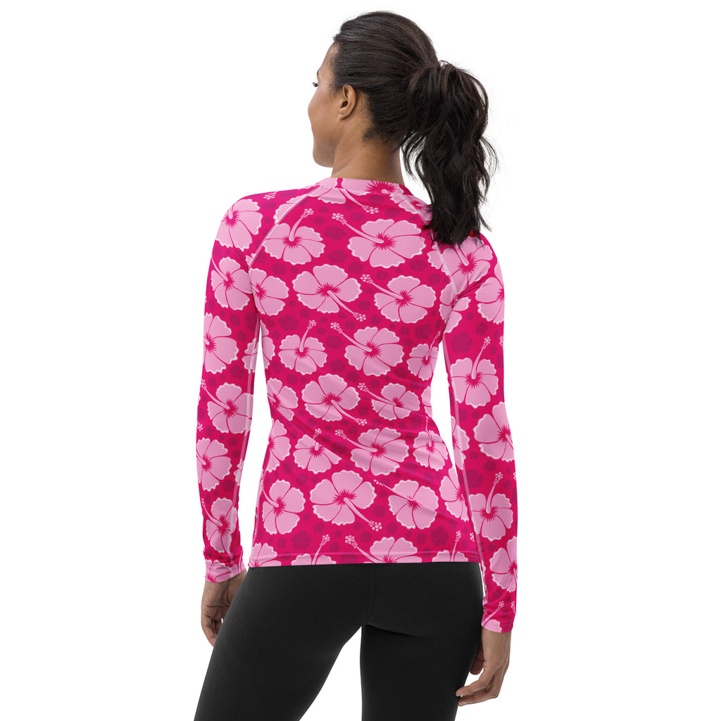 Women's Tropical Pink Hibiscus Long Sleeve Rash Guard Swim Shirt – Buttery Soft, Sun Safe UPF 50+ Protection, Quick Dry & 4-Way Stretch Comfort