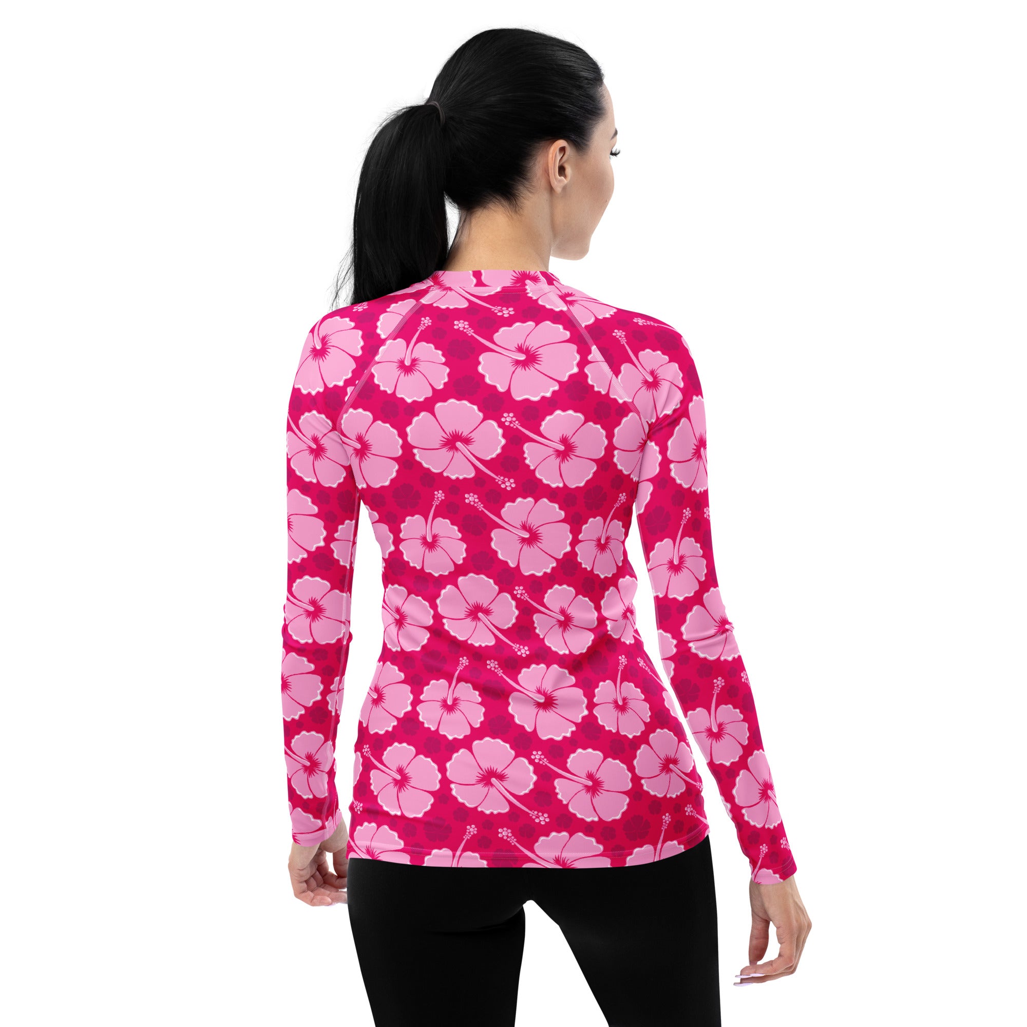 Women's Tropical Pink Hibiscus Long Sleeve Rash Guard Swim Shirt – Buttery Soft, Sun Safe UPF 50+ Protection, Quick Dry & 4-Way Stretch Comfort