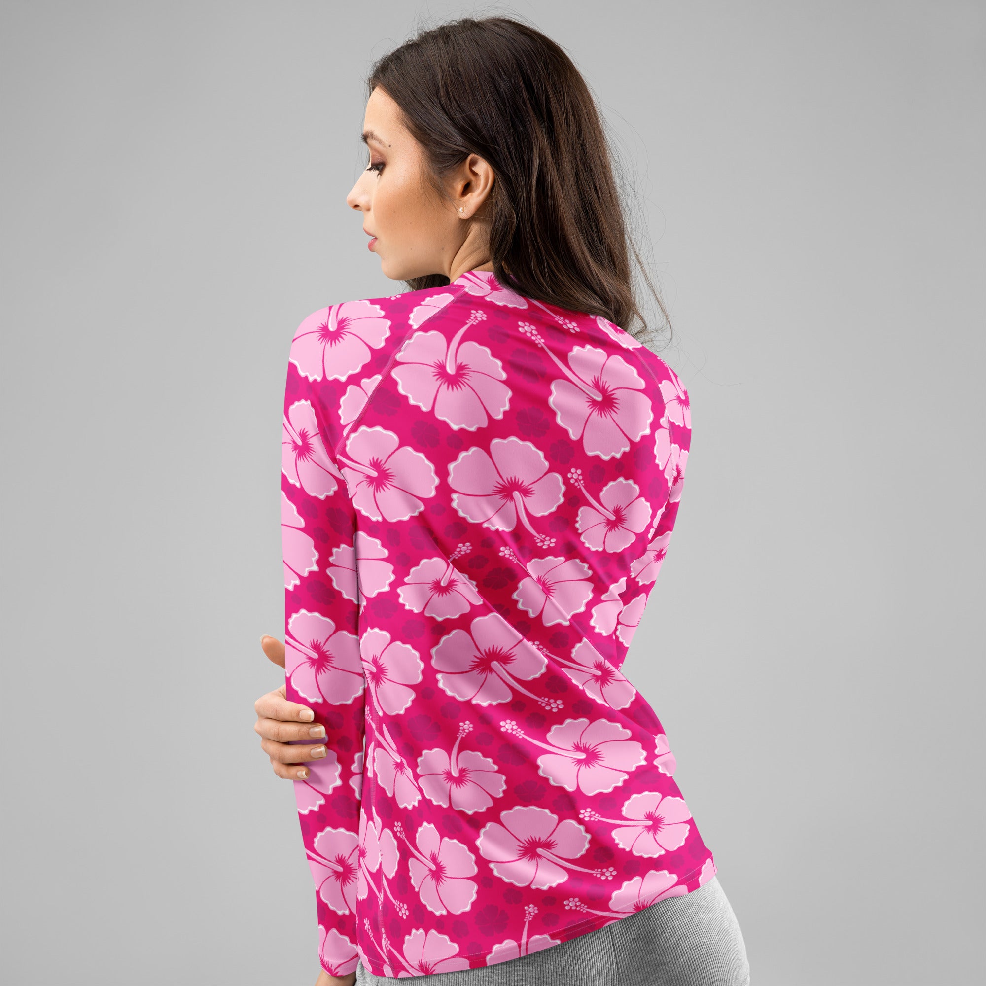 Women's Tropical Pink Hibiscus Long Sleeve Rash Guard Swim Shirt – Buttery Soft, Sun Safe UPF 50+ Protection, Quick Dry & 4-Way Stretch Comfort