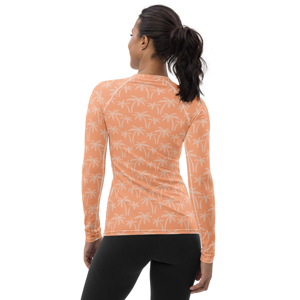 Women's Tropical Orange Palm Tree Long Sleeve Rash Guard Swim Shirt – Buttery Soft, Sun Safe UPF 50+ Protection, Quick Dry & 4-Way Stretch Comfort