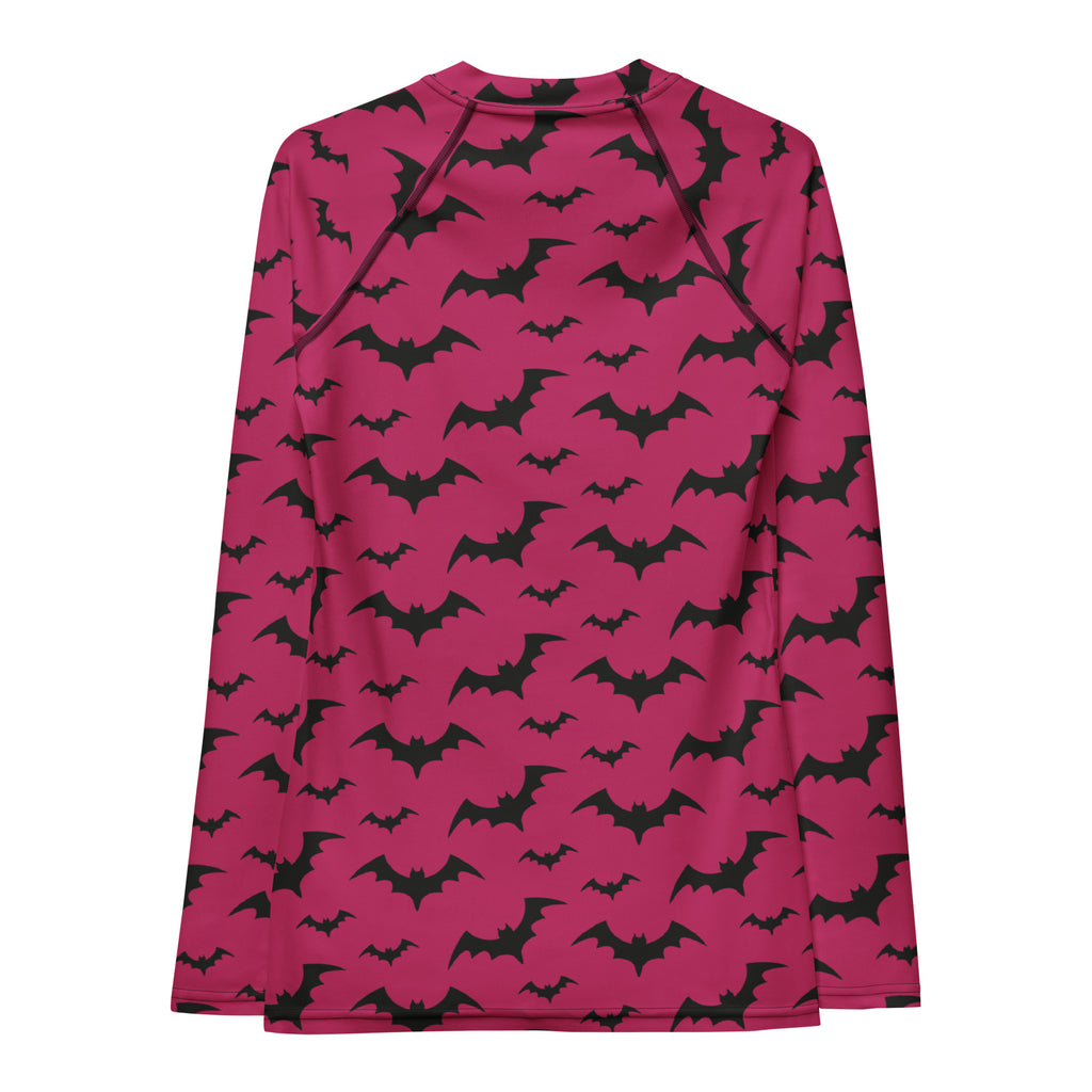 Women's Pink Bat Halloween Long Sleeve Rash Guard Swim Shirt – Buttery Soft, Sun Safe UPF 50+ Protection, Quick Dry & 4-Way Stretch Comfort