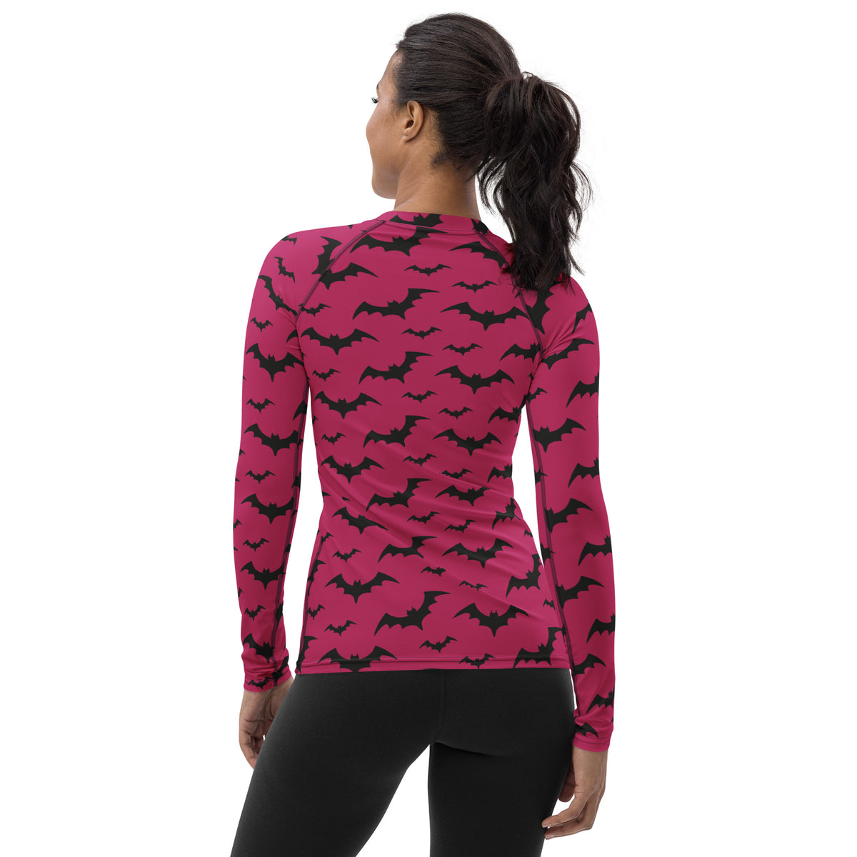 Women's Pink Bat Halloween Long Sleeve Rash Guard Swim Shirt – Buttery Soft, Sun Safe UPF 50+ Protection, Quick Dry & 4-Way Stretch Comfort