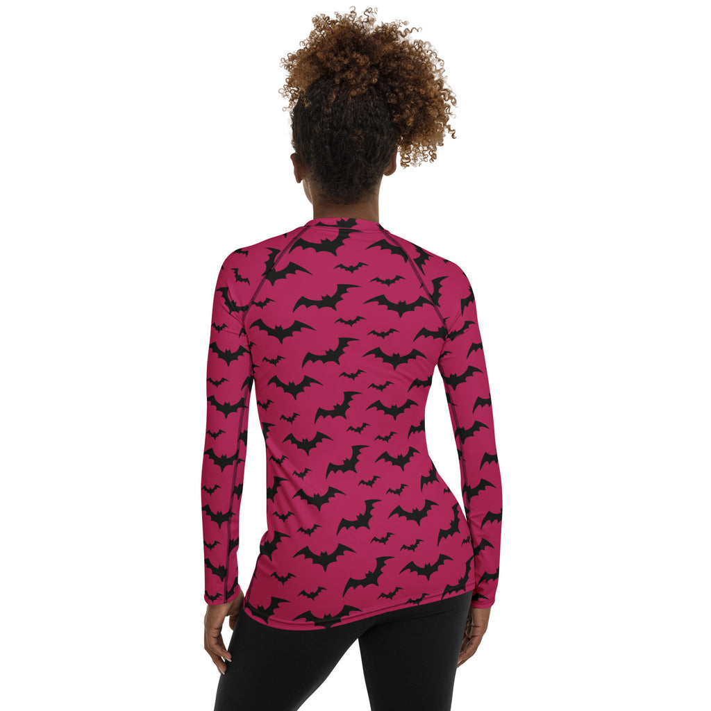 Women's Pink Bat Halloween Long Sleeve Rash Guard Swim Shirt – Buttery Soft, Sun Safe UPF 50+ Protection, Quick Dry & 4-Way Stretch Comfort