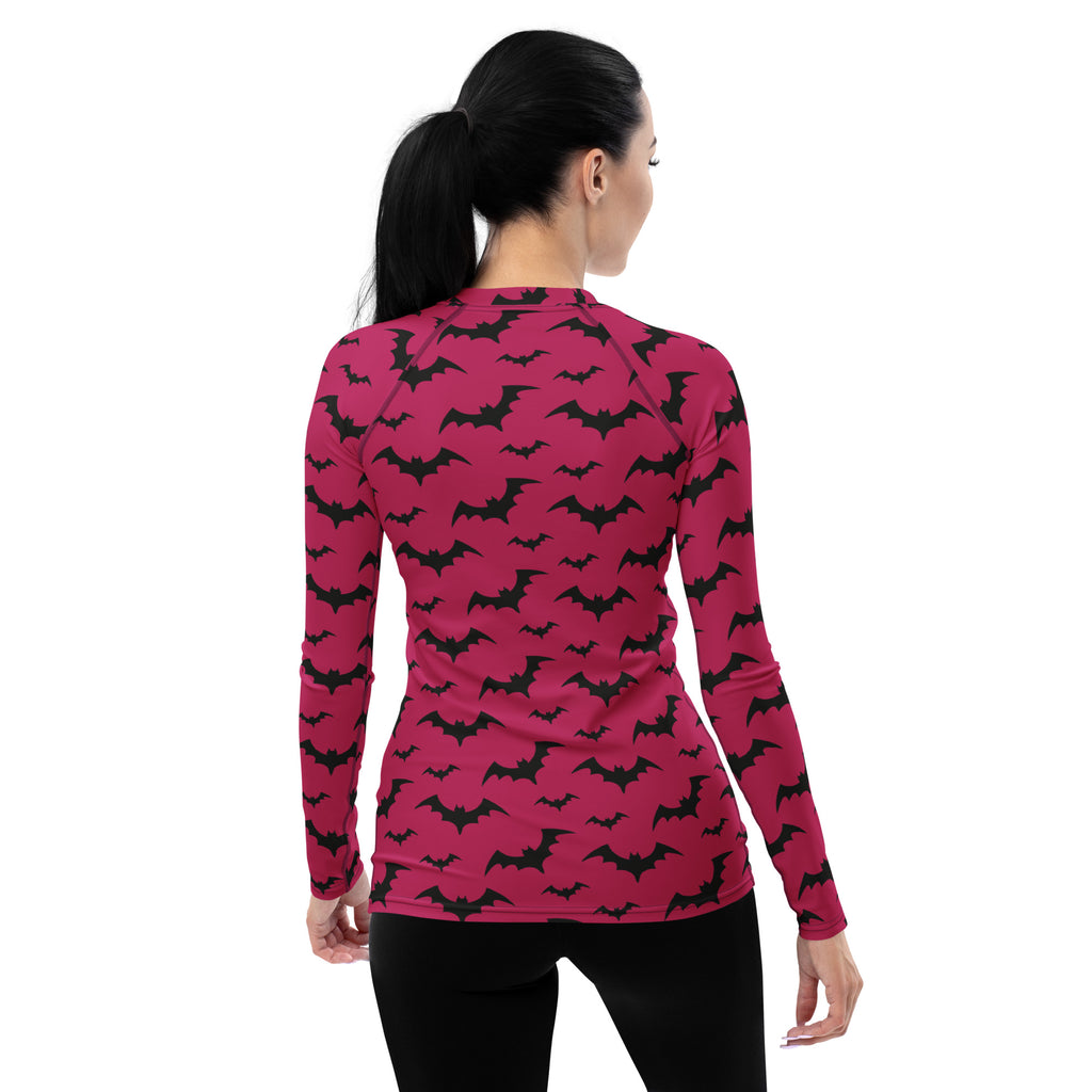 Women's Pink Bat Halloween Long Sleeve Rash Guard Swim Shirt – Buttery Soft, Sun Safe UPF 50+ Protection, Quick Dry & 4-Way Stretch Comfort