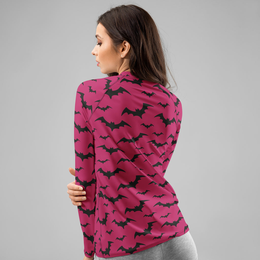 Women's Pink Bat Halloween Long Sleeve Rash Guard Swim Shirt – Buttery Soft, Sun Safe UPF 50+ Protection, Quick Dry & 4-Way Stretch Comfort