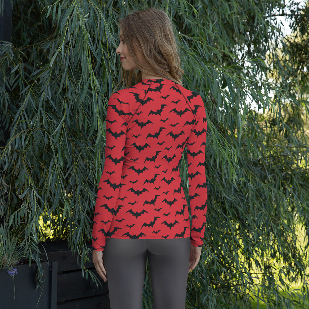 Women's Red Bat Halloween Long Sleeve Rash Guard Swim Shirt – Buttery Soft, Sun Safe UPF 50+ Protection, Quick Dry & 4-Way Stretch Comfort