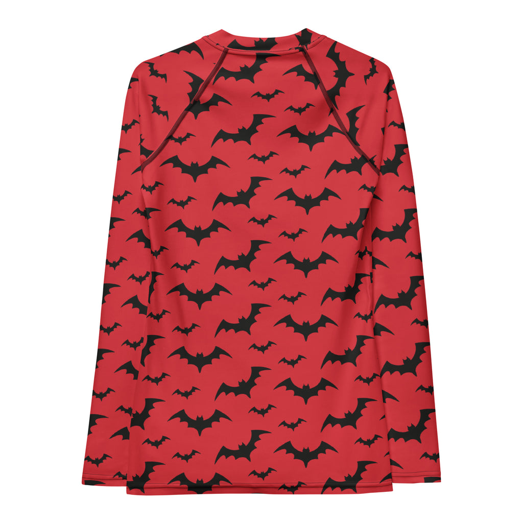 Women's Red Bat Halloween Long Sleeve Rash Guard Swim Shirt – Buttery Soft, Sun Safe UPF 50+ Protection, Quick Dry & 4-Way Stretch Comfort
