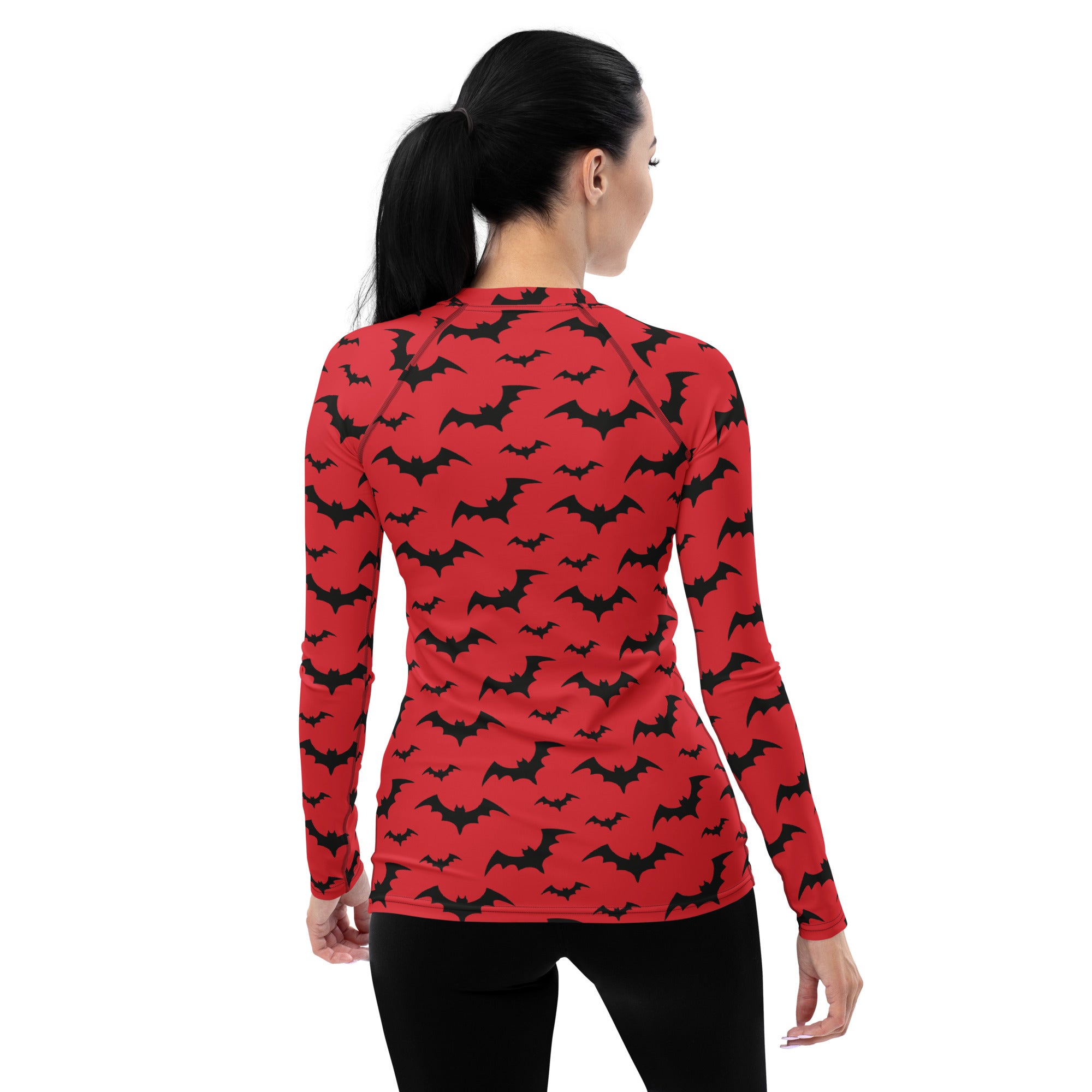 Women's Red Bat Halloween Long Sleeve Rash Guard Swim Shirt – Buttery Soft, Sun Safe UPF 50+ Protection, Quick Dry & 4-Way Stretch Comfort