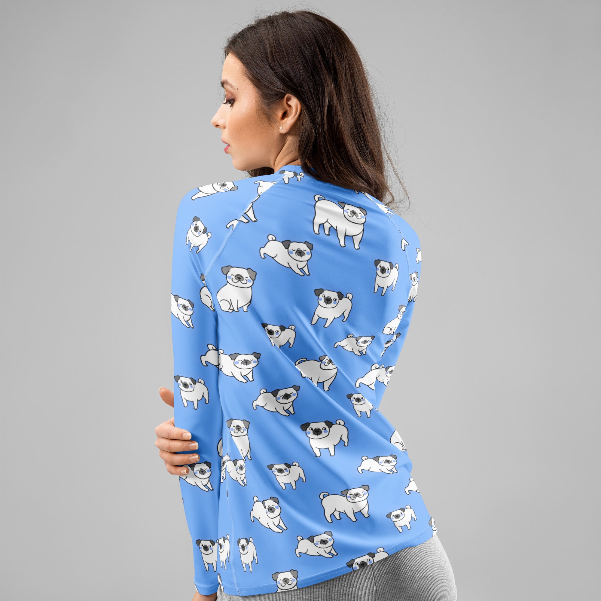 Women's Blue Pug Long Sleeve Rash Guard Swim Shirt – Buttery Soft, Sun Safe UPF 50+ Protection, Quick Dry & 4-Way Stretch Comfort
