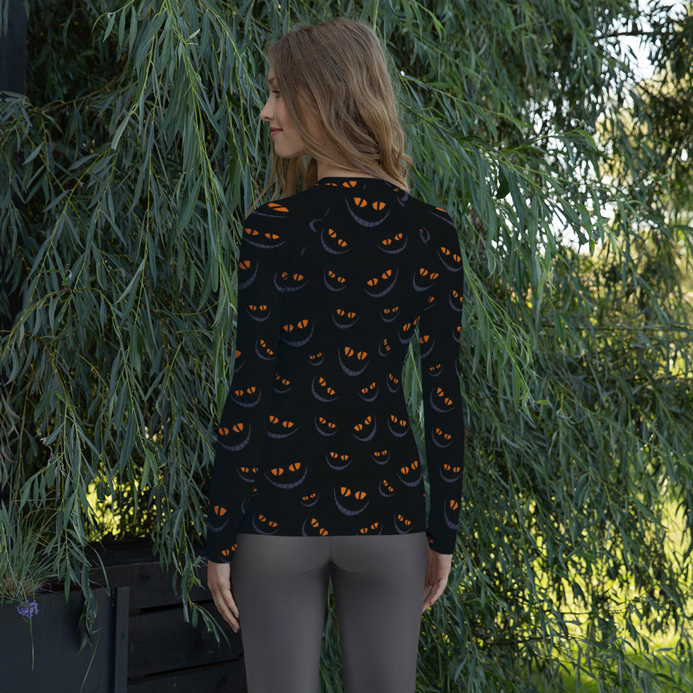 Women's Spooky Cat Smile Long Sleeve Rash Guard Swim Shirt – Buttery Soft, Sun Safe UPF 50+ Protection, Quick Dry & 4-Way Stretch Comfort