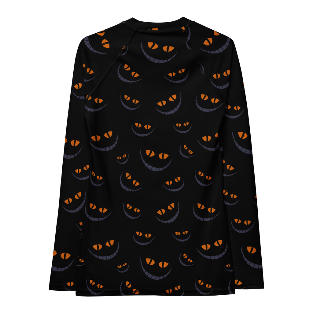 Women's Spooky Cat Smile Long Sleeve Rash Guard Swim Shirt – Buttery Soft, Sun Safe UPF 50+ Protection, Quick Dry & 4-Way Stretch Comfort