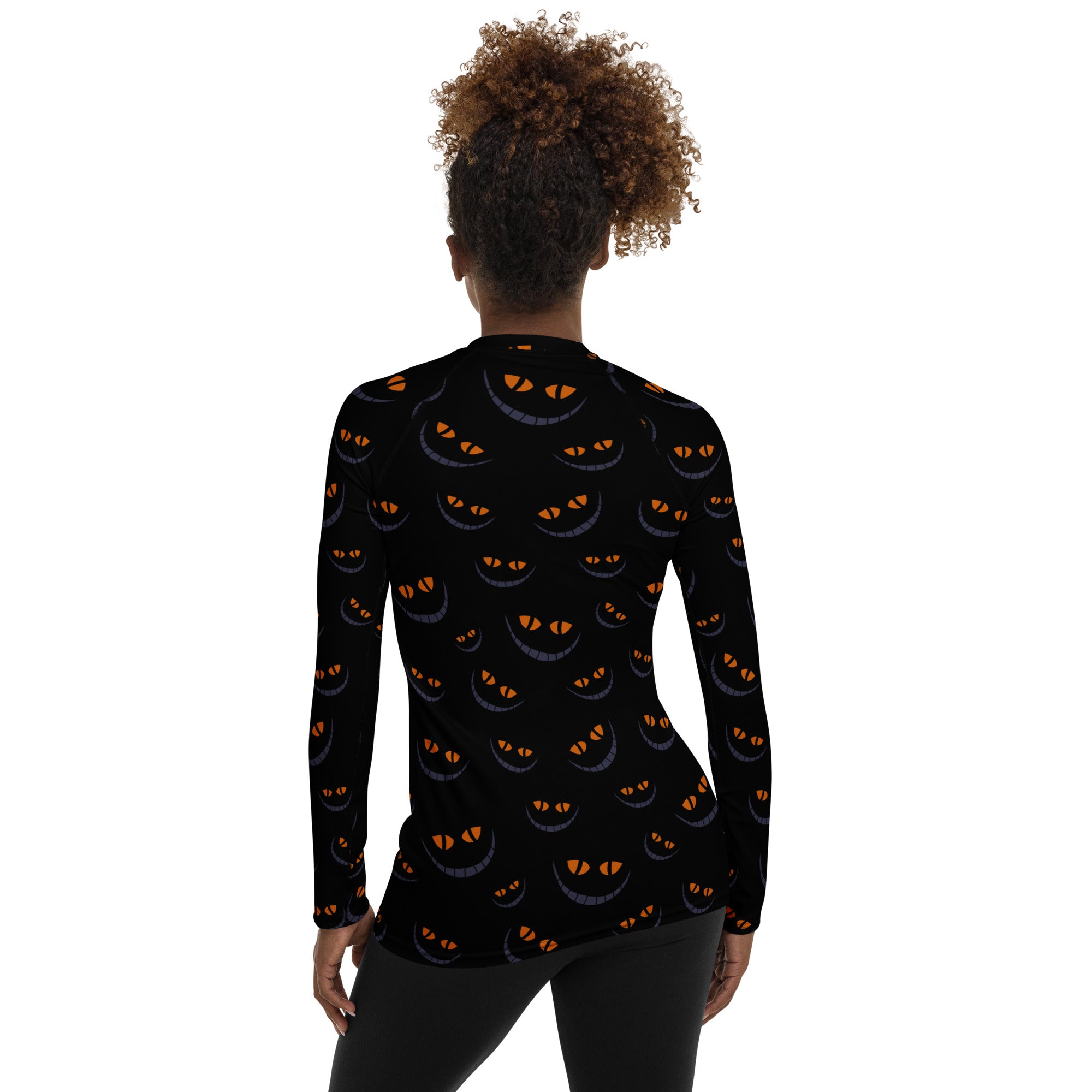 Women's Spooky Cat Smile Long Sleeve Rash Guard Swim Shirt – Buttery Soft, Sun Safe UPF 50+ Protection, Quick Dry & 4-Way Stretch Comfort