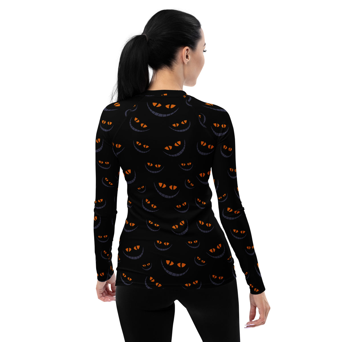 Women's Spooky Cat Smile Long Sleeve Rash Guard Swim Shirt – Buttery Soft, Sun Safe UPF 50+ Protection, Quick Dry & 4-Way Stretch Comfort