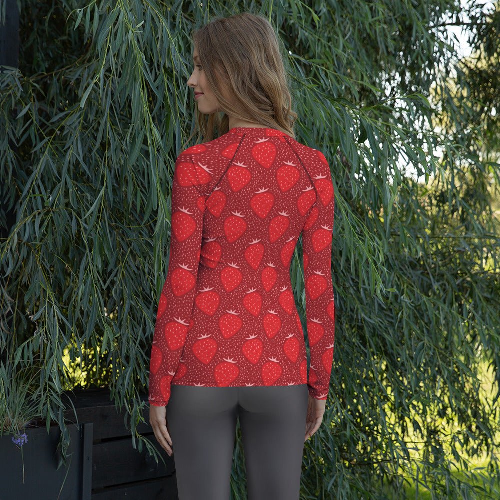 Women's Strawberry Long Sleeve Rash Guard Swim Shirt – Buttery Soft, Sun Safe UPF 50+ Protection, Quick Dry & 4-Way Stretch Comfort