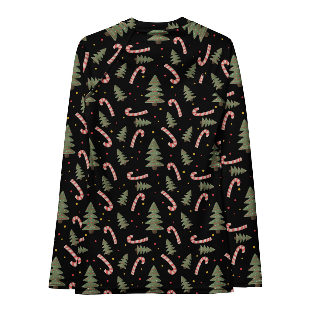 Women's Candy Cane Christmas Tree Long Sleeve Rash Guard Swim Shirt – Buttery Soft, Sun Safe UPF 50+ Protection, Quick Dry & 4-Way Stretch Comfort