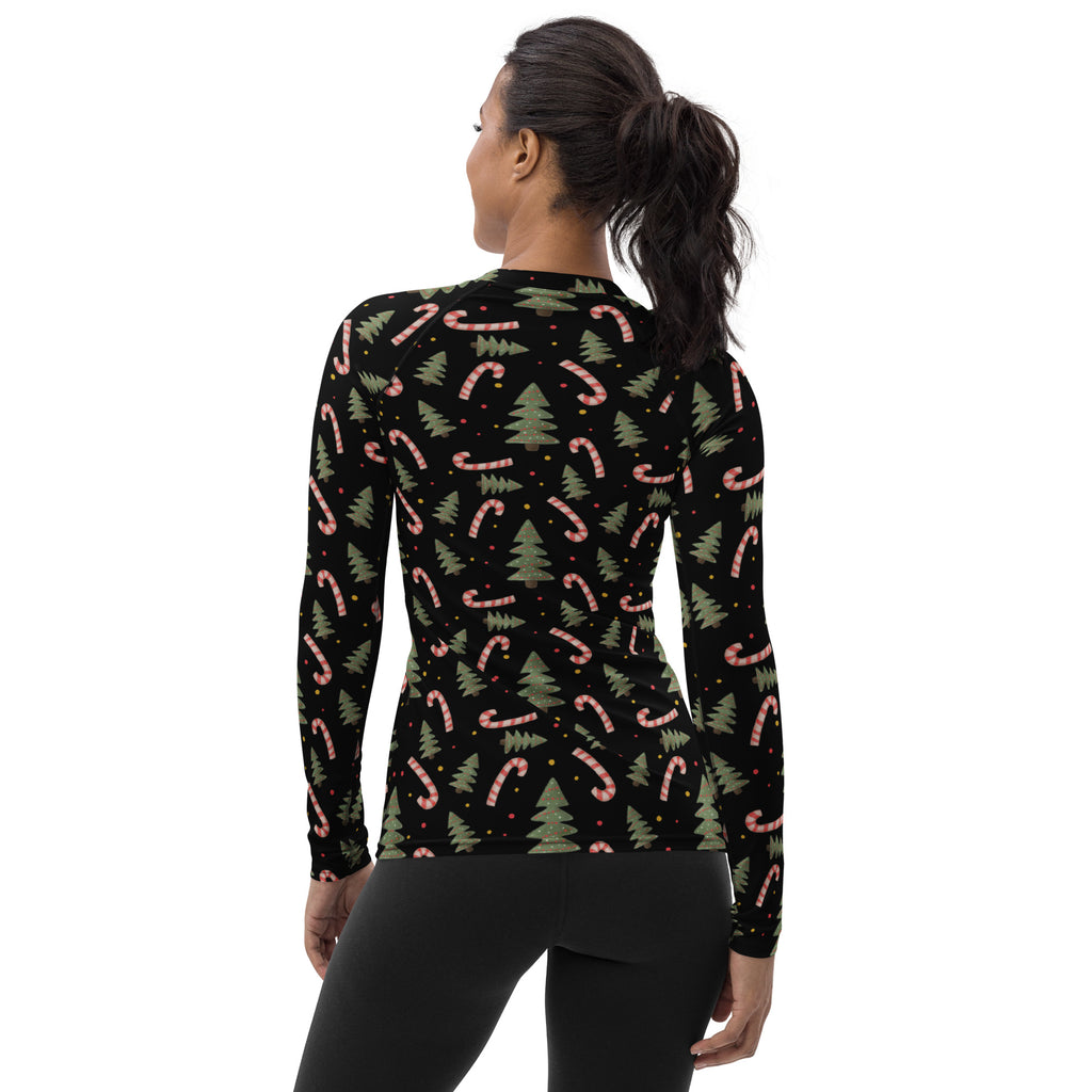 Women's Candy Cane Christmas Tree Long Sleeve Rash Guard Swim Shirt – Buttery Soft, Sun Safe UPF 50+ Protection, Quick Dry & 4-Way Stretch Comfort