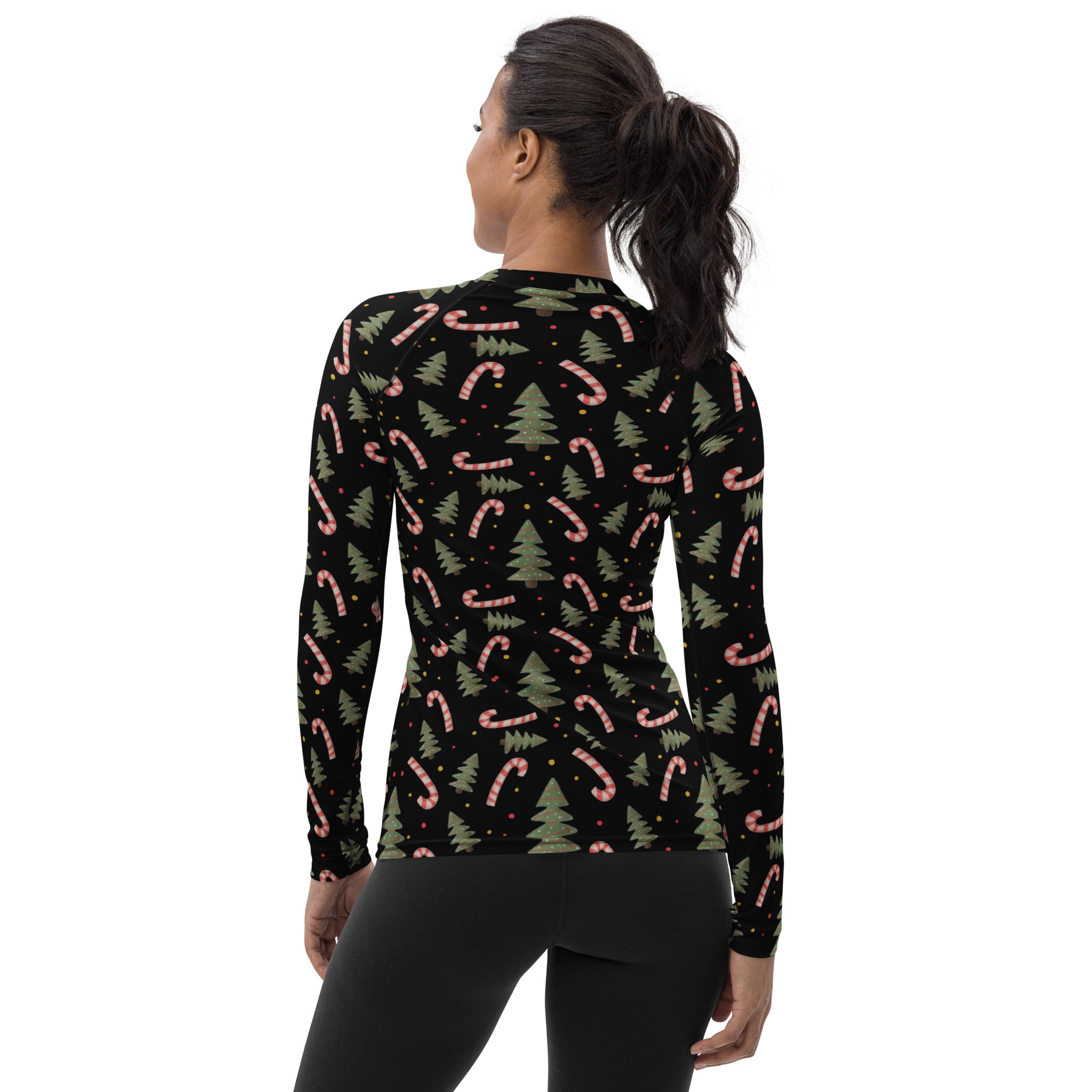 Women's Candy Cane Christmas Tree Long Sleeve Rash Guard Swim Shirt – Buttery Soft, Sun Safe UPF 50+ Protection, Quick Dry & 4-Way Stretch Comfort