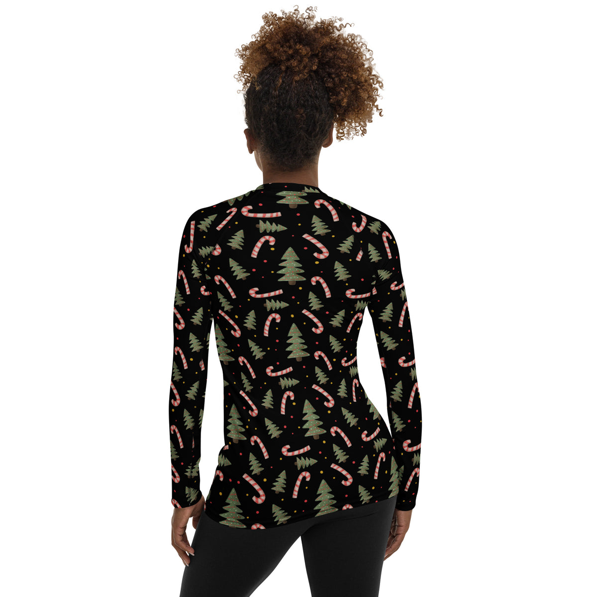 Women's Candy Cane Christmas Tree Long Sleeve Rash Guard Swim Shirt – Buttery Soft, Sun Safe UPF 50+ Protection, Quick Dry & 4-Way Stretch Comfort