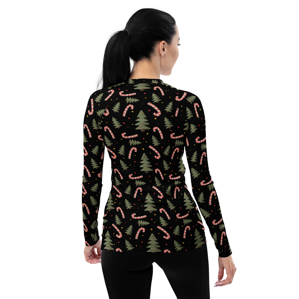 Women's Candy Cane Christmas Tree Long Sleeve Rash Guard Swim Shirt – Buttery Soft, Sun Safe UPF 50+ Protection, Quick Dry & 4-Way Stretch Comfort