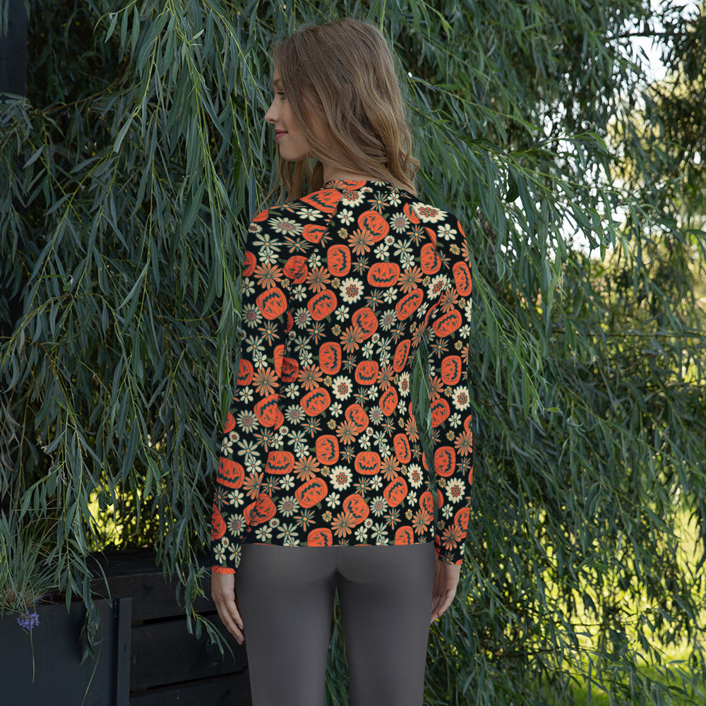 Women's Vintage Halloween Pumpkin Long Sleeve Rash Guard Swim Shirt – Buttery Soft, Sun Safe UPF 50+ Protection, Quick Dry & 4-Way Stretch Comfort