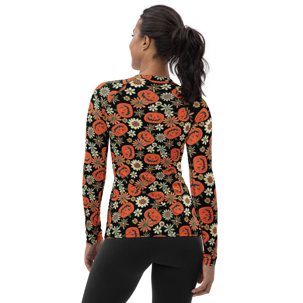 Women's Vintage Halloween Pumpkin Long Sleeve Rash Guard Swim Shirt – Buttery Soft, Sun Safe UPF 50+ Protection, Quick Dry & 4-Way Stretch Comfort