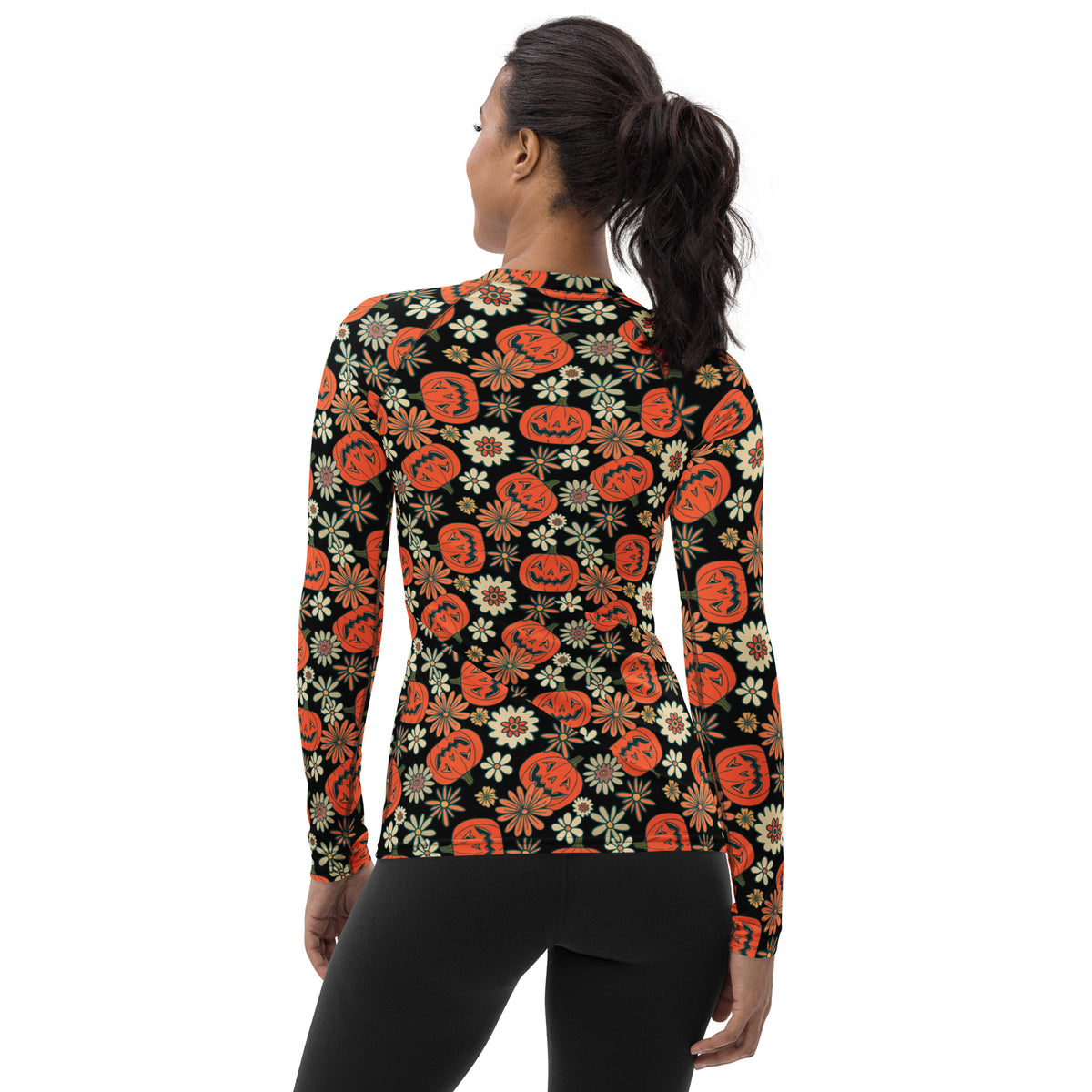 Women's Vintage Halloween Pumpkin Long Sleeve Rash Guard Swim Shirt – Buttery Soft, Sun Safe UPF 50+ Protection, Quick Dry & 4-Way Stretch Comfort
