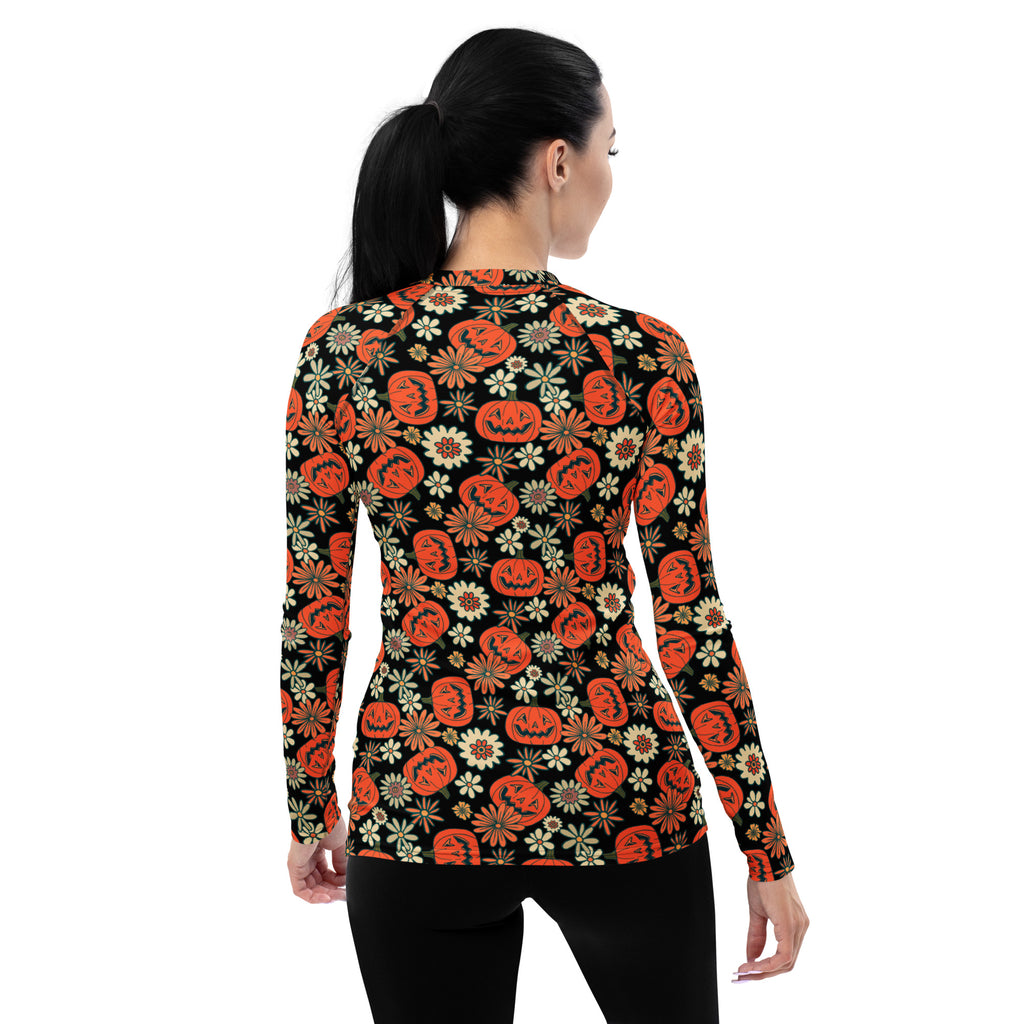 Women's Vintage Halloween Pumpkin Long Sleeve Rash Guard Swim Shirt – Buttery Soft, Sun Safe UPF 50+ Protection, Quick Dry & 4-Way Stretch Comfort