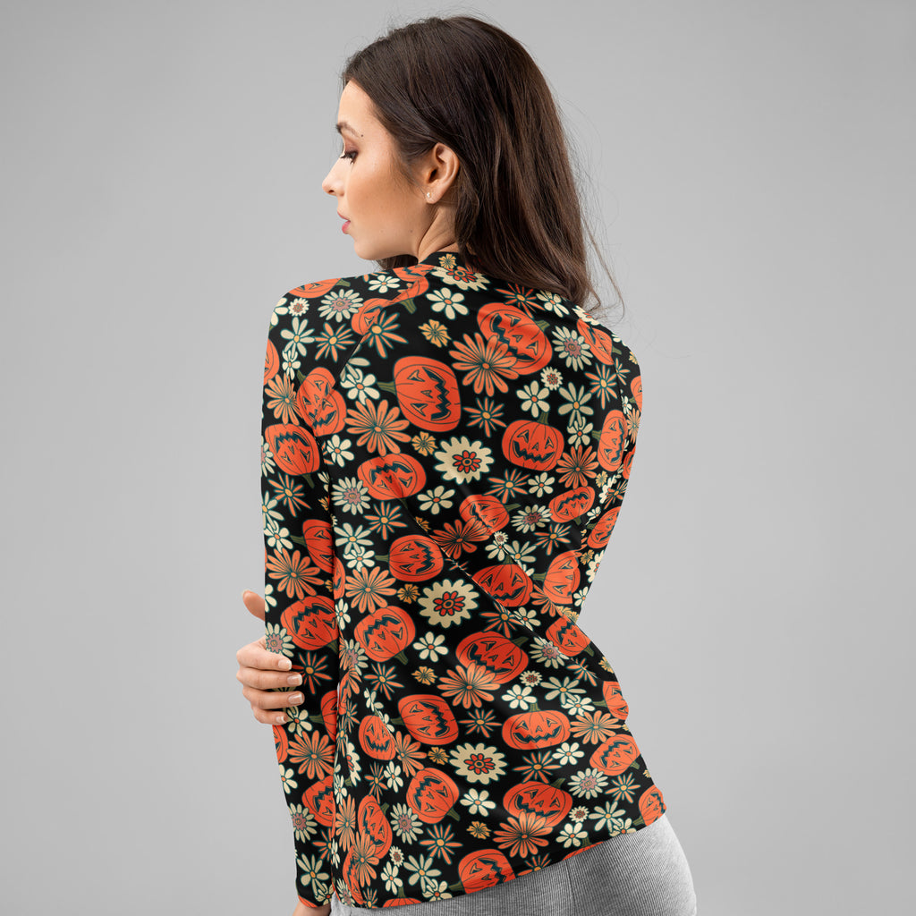 Women's Vintage Halloween Pumpkin Long Sleeve Rash Guard Swim Shirt – Buttery Soft, Sun Safe UPF 50+ Protection, Quick Dry & 4-Way Stretch Comfort