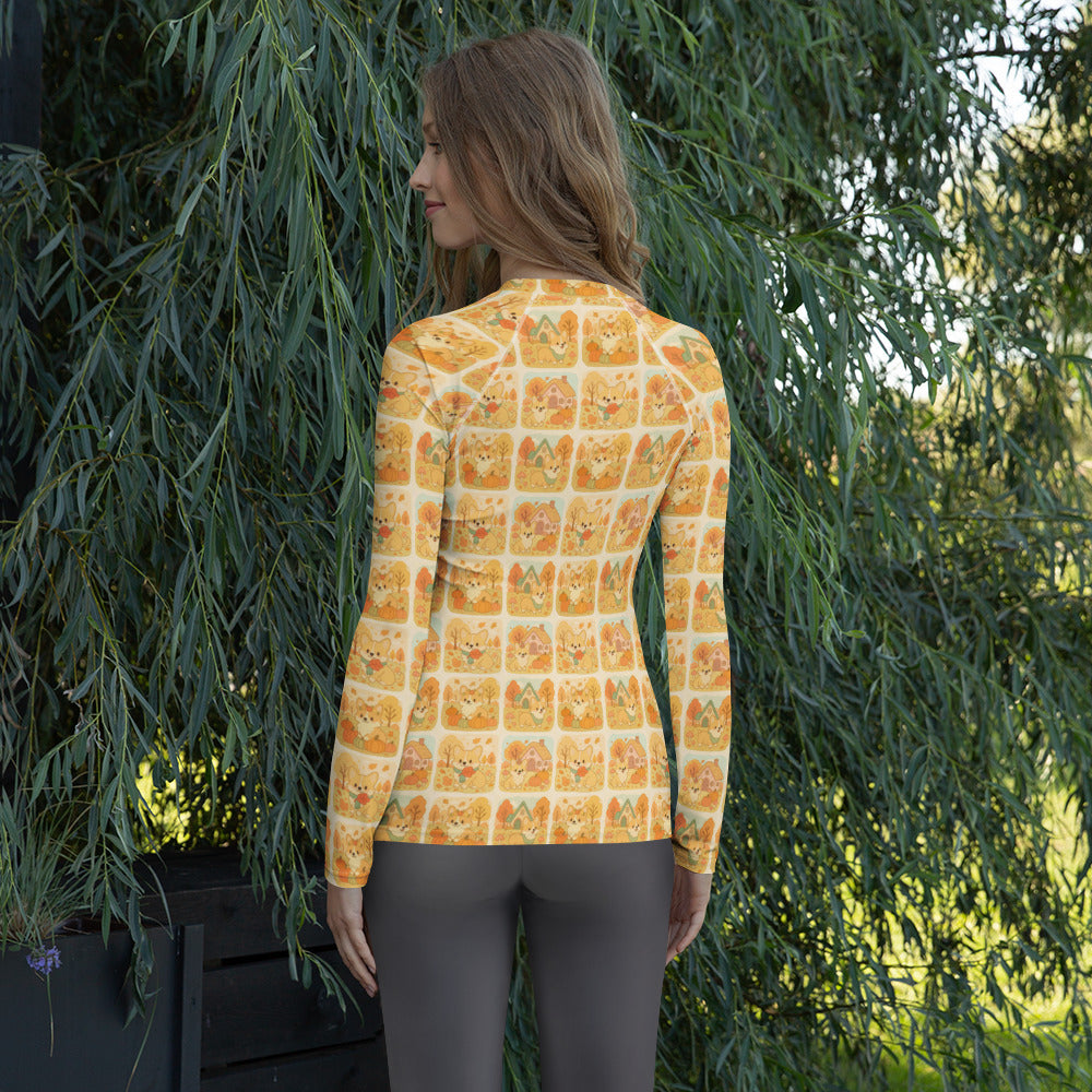 Women's Autumn Corgi Long Sleeve Rash Guard Swim Shirt – Buttery Soft, Sun Safe UPF 50+ Protection, Quick Dry & 4-Way Stretch Comfort