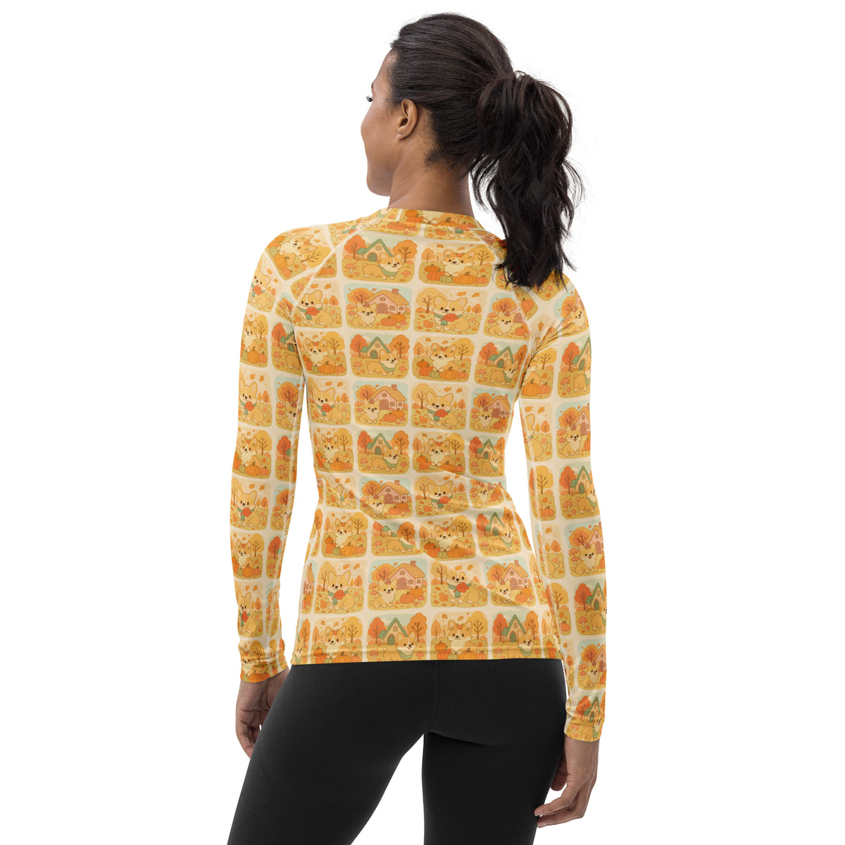 Women's Autumn Corgi Long Sleeve Rash Guard Swim Shirt – Buttery Soft, Sun Safe UPF 50+ Protection, Quick Dry & 4-Way Stretch Comfort