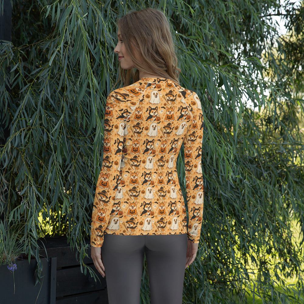Women's Corgi Halloween Long Sleeve Rash Guard Swim Shirt – Buttery Soft, Sun Safe UPF 50+ Protection, Quick Dry & 4-Way Stretch Comfort