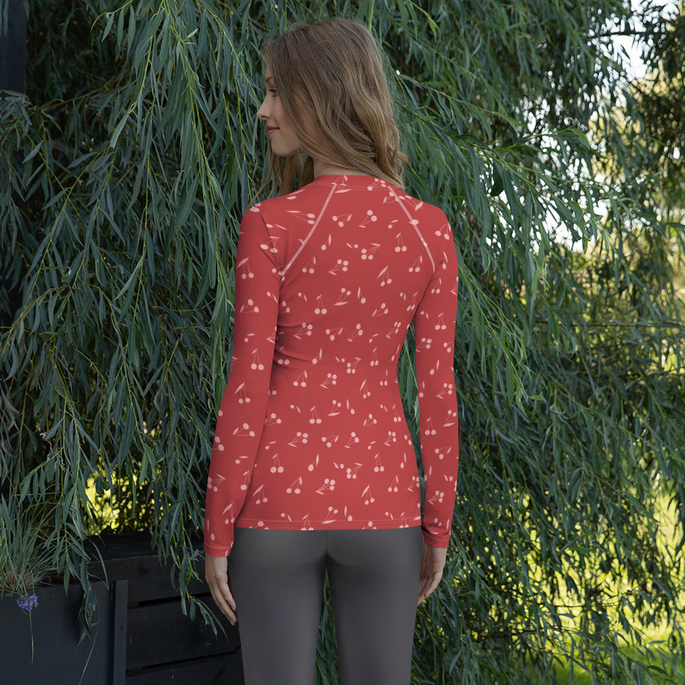 Women's Red Cherry Long Sleeve Rash Guard Swim Shirt – Buttery Soft, Sun Safe UPF 50+ Protection, Quick Dry & 4-Way Stretch Comfort
