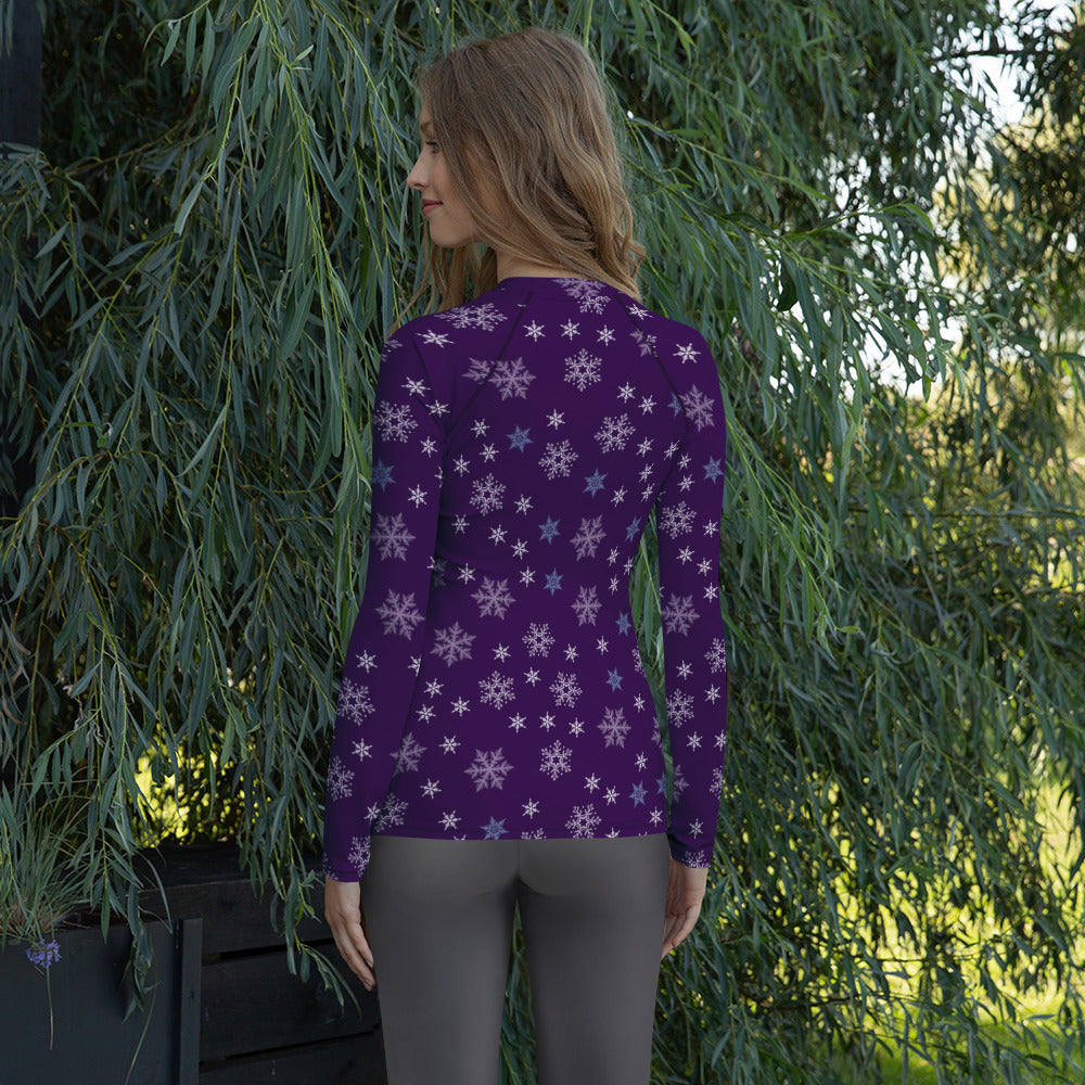 Women's Purple Snowflake Long Sleeve Rash Guard Swim Shirt – Buttery Soft, Sun Safe UPF 50+ Protection, Quick Dry & 4-Way Stretch Comfort