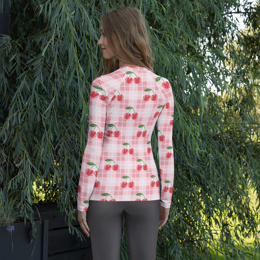 Women's Pink Plaid Cherry Long Sleeve Rash Guard Swim Shirt – Buttery Soft, Sun Safe UPF 50+ Protection, Quick Dry & 4-Way Stretch Comfort