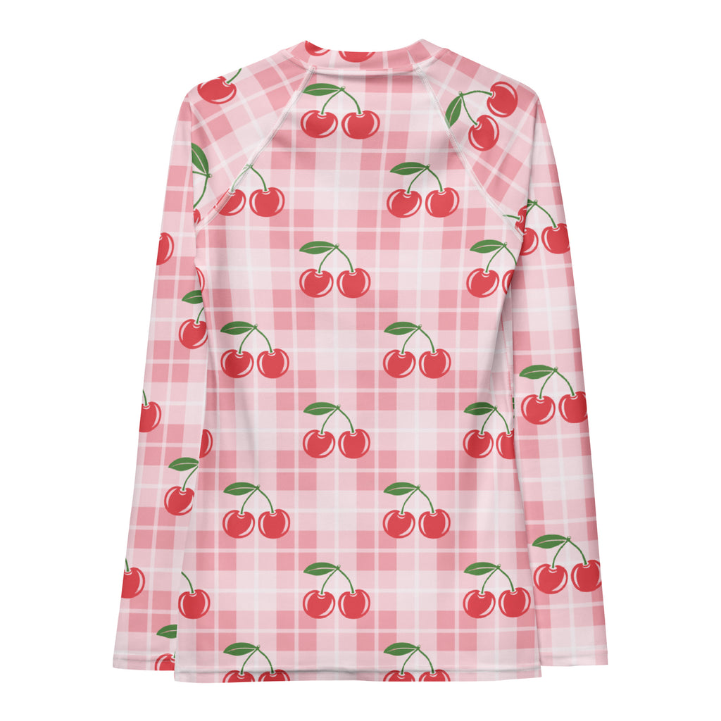 Women's Pink Plaid Cherry Long Sleeve Rash Guard Swim Shirt – Buttery Soft, Sun Safe UPF 50+ Protection, Quick Dry & 4-Way Stretch Comfort