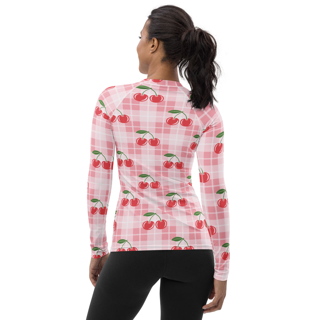 Women's Pink Plaid Cherry Long Sleeve Rash Guard Swim Shirt – Buttery Soft, Sun Safe UPF 50+ Protection, Quick Dry & 4-Way Stretch Comfort