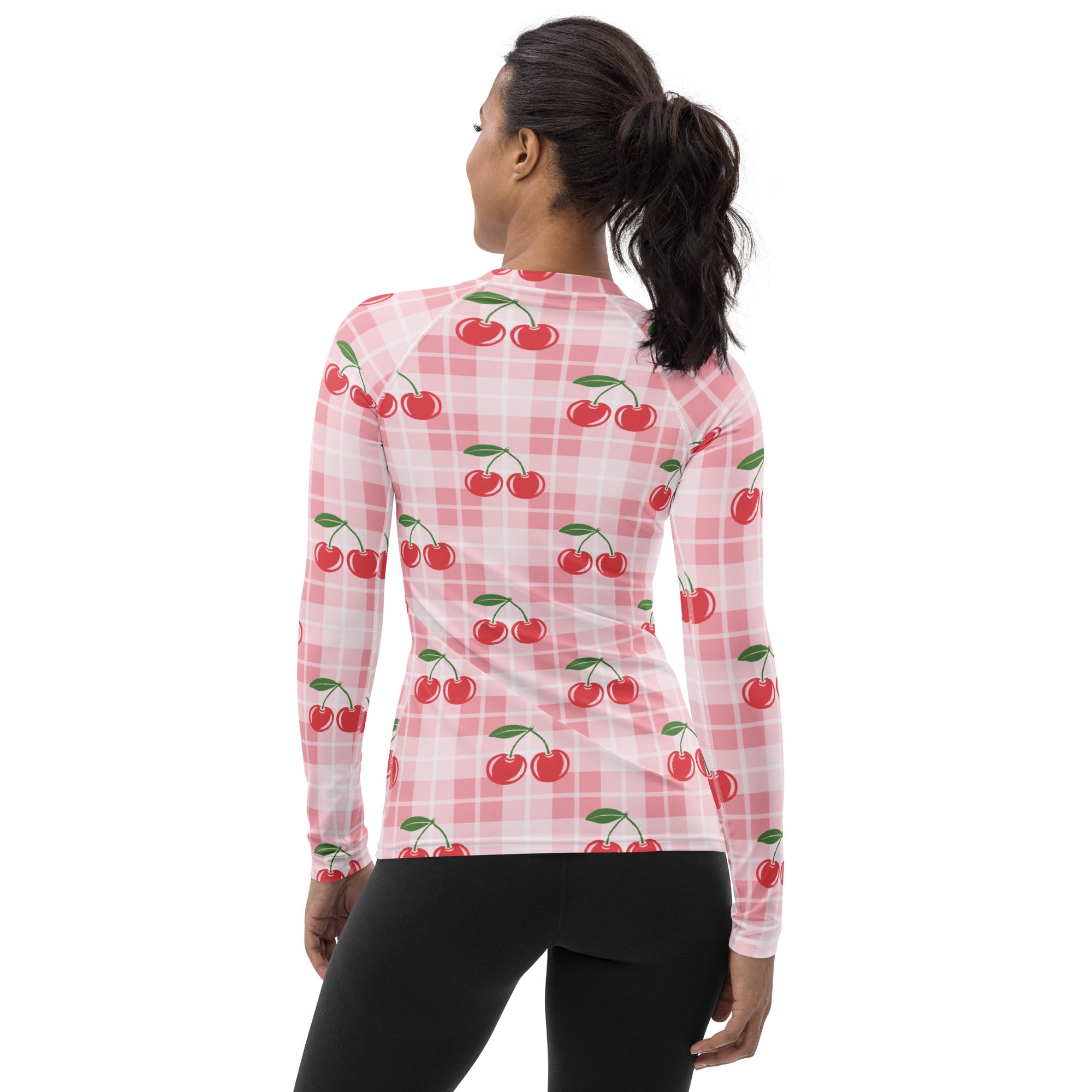 Women's Pink Plaid Cherry Long Sleeve Rash Guard Swim Shirt – Buttery Soft, Sun Safe UPF 50+ Protection, Quick Dry & 4-Way Stretch Comfort