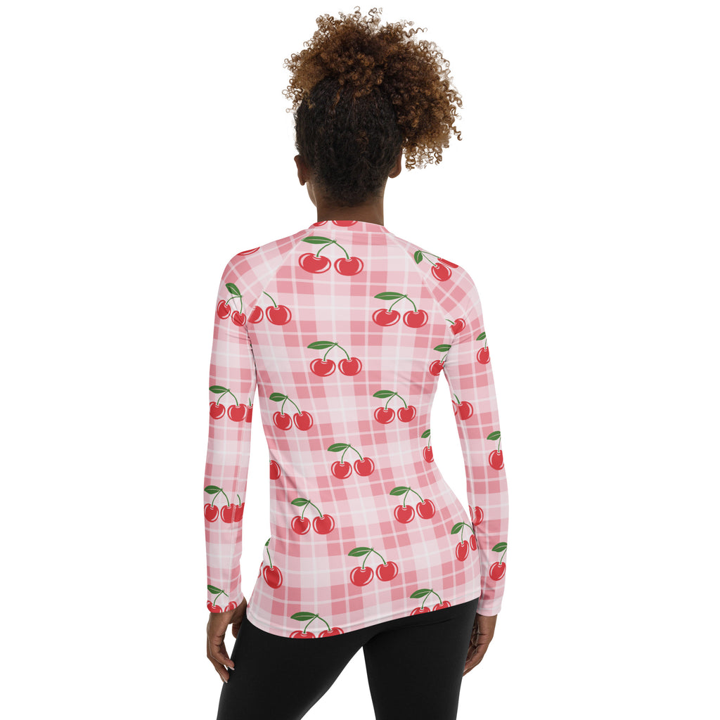 Women's Pink Plaid Cherry Long Sleeve Rash Guard Swim Shirt – Buttery Soft, Sun Safe UPF 50+ Protection, Quick Dry & 4-Way Stretch Comfort