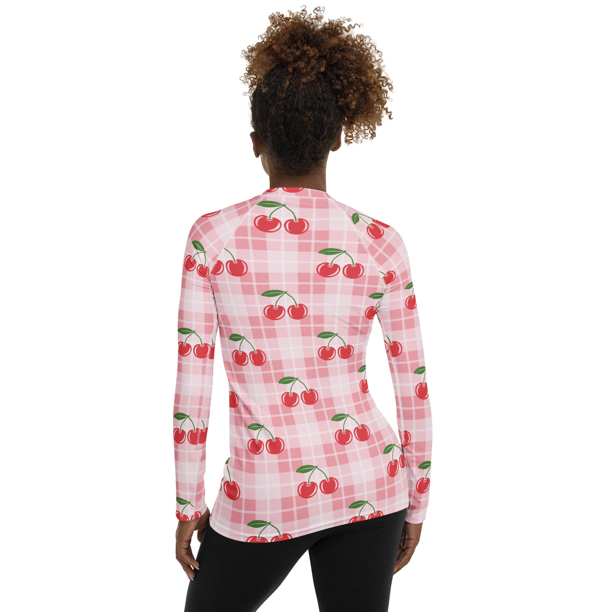 Women's Pink Plaid Cherry Long Sleeve Rash Guard Swim Shirt – Buttery Soft, Sun Safe UPF 50+ Protection, Quick Dry & 4-Way Stretch Comfort