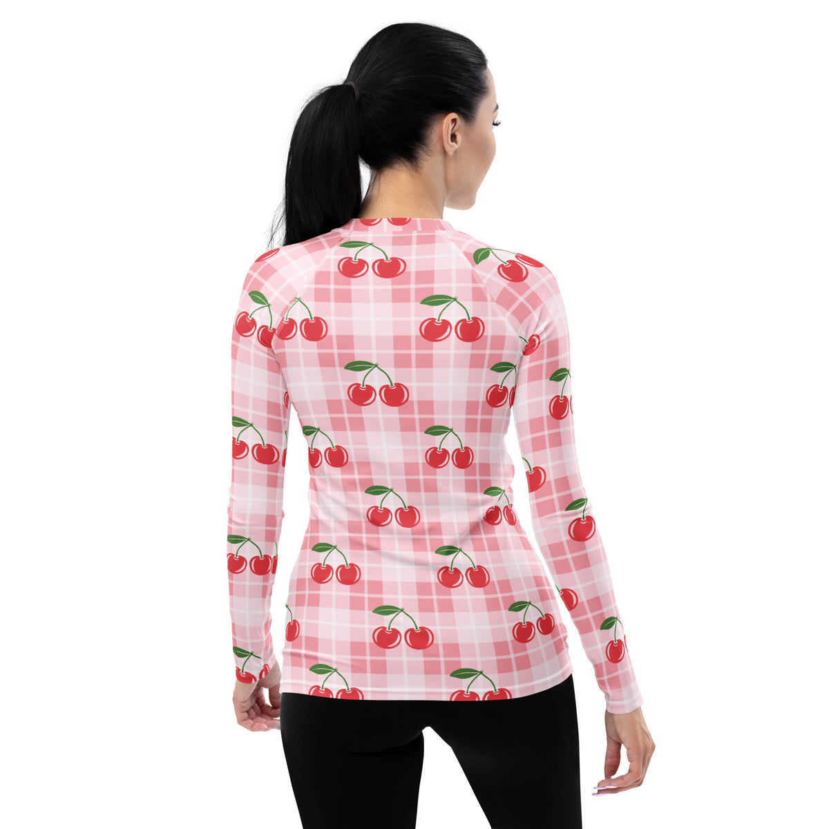 Women's Pink Plaid Cherry Long Sleeve Rash Guard Swim Shirt – Buttery Soft, Sun Safe UPF 50+ Protection, Quick Dry & 4-Way Stretch Comfort