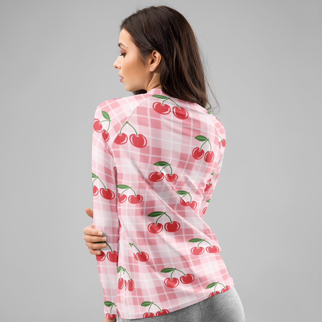 Women's Pink Plaid Cherry Long Sleeve Rash Guard Swim Shirt – Buttery Soft, Sun Safe UPF 50+ Protection, Quick Dry & 4-Way Stretch Comfort