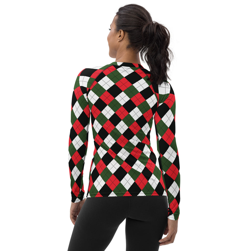 Women's Christmas Argyle Long Sleeve Rash Guard Swim Shirt – Buttery Soft, Sun Safe UPF 50+ Protection, Quick Dry & 4-Way Stretch Comfort